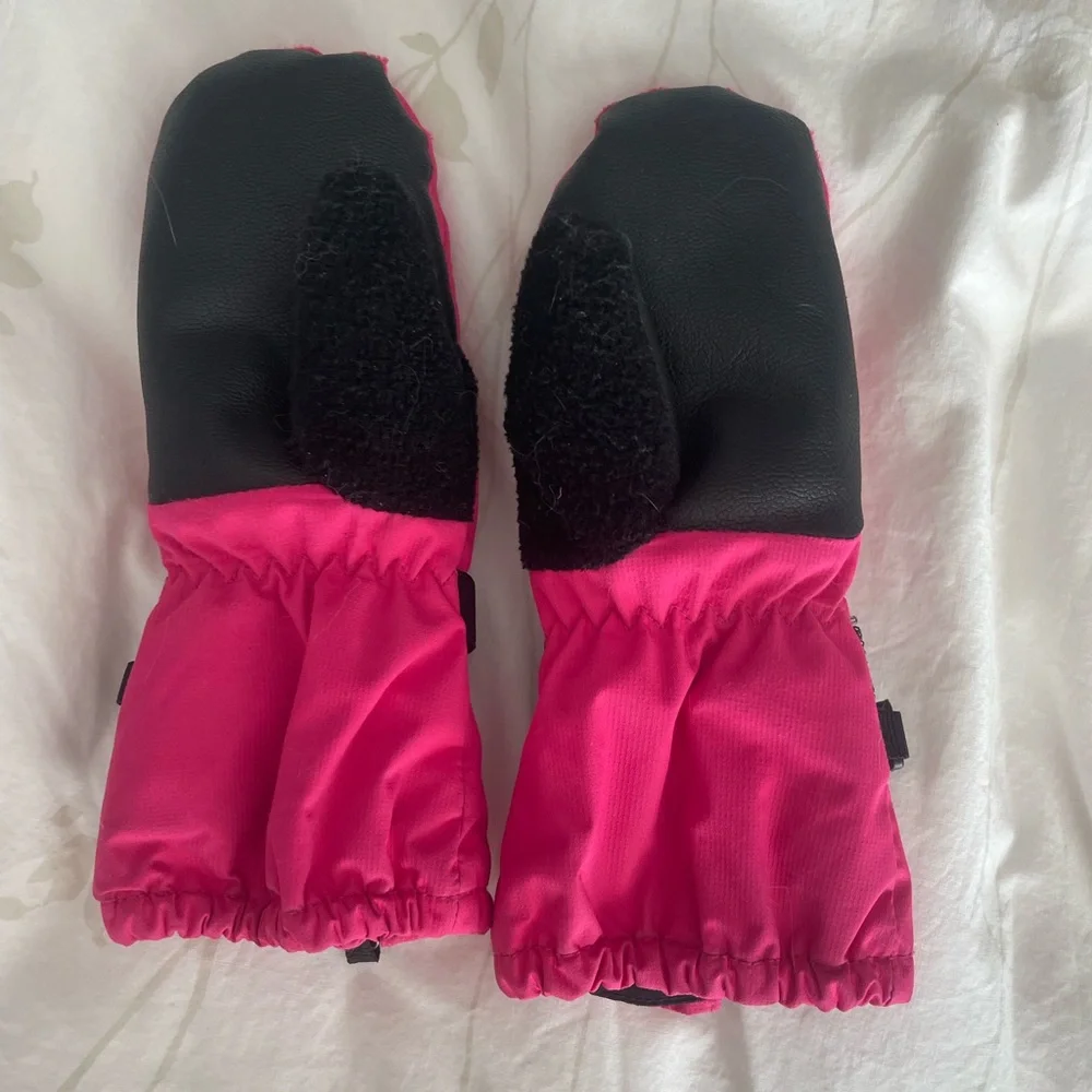 The North Face Kids Pink Insulated Mittens with Wrist Straps